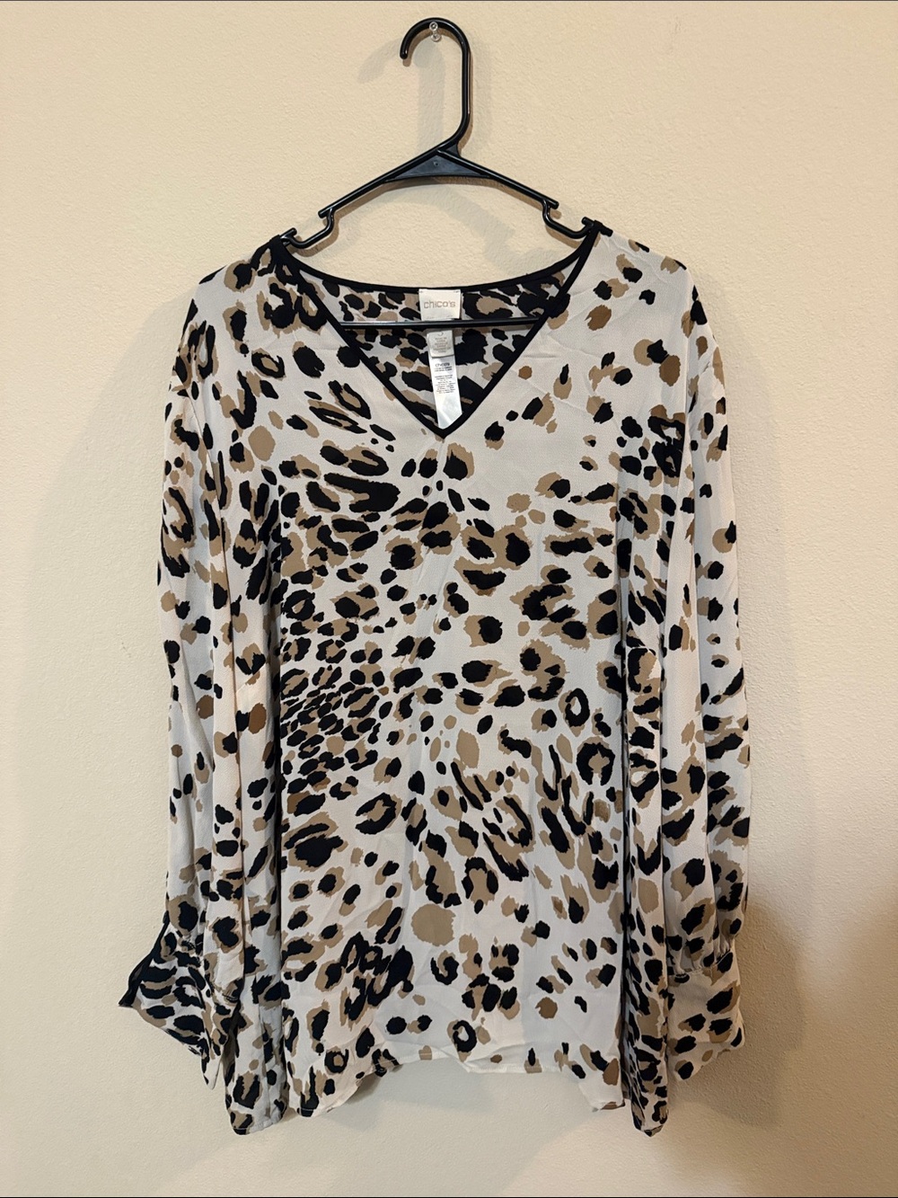 Chico's Leopard Print V-Neck Blouse in Black, White & Brown